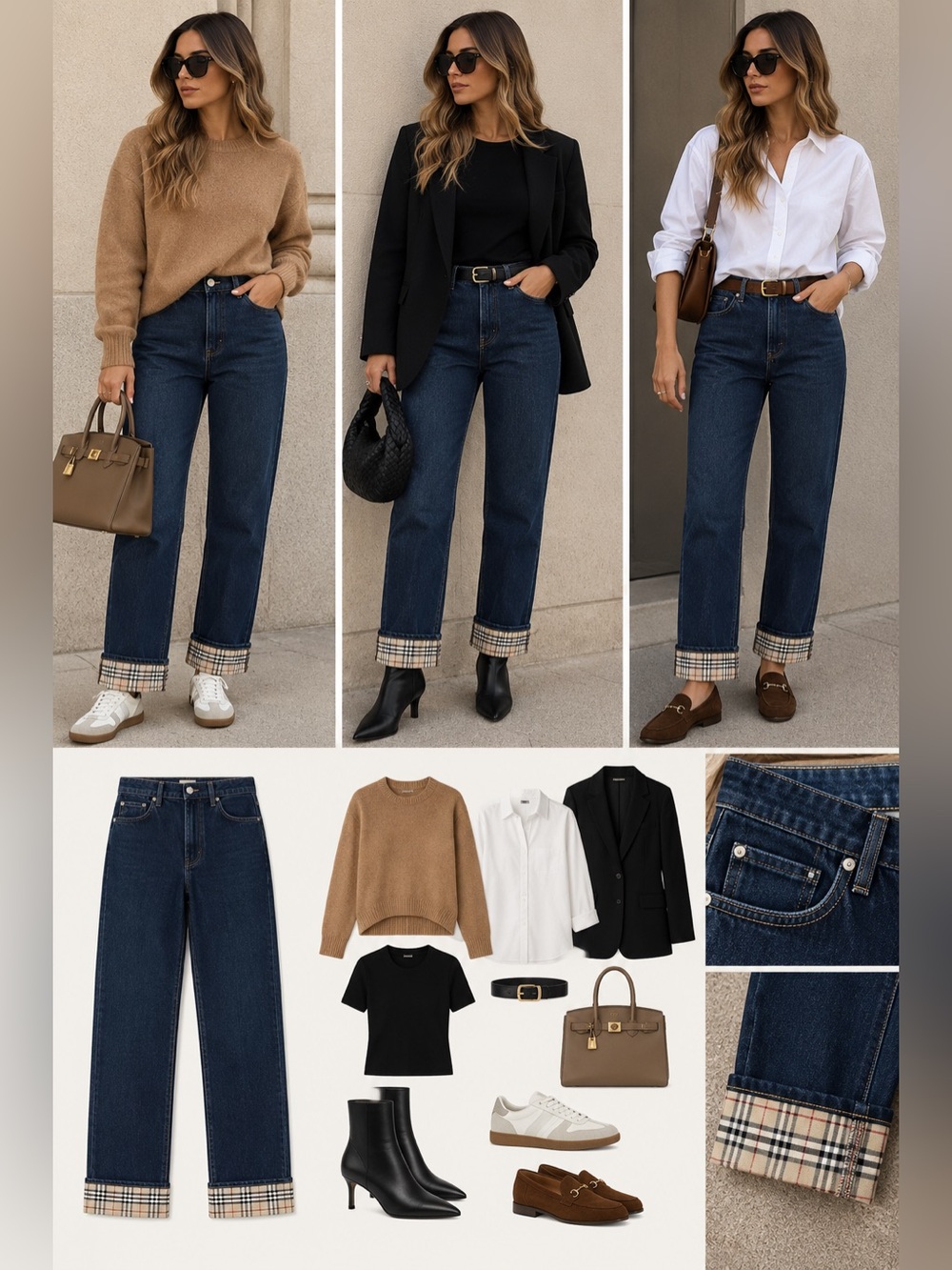 Burberry Straight-Leg Dark Blue Jeans with Plaid Cuff